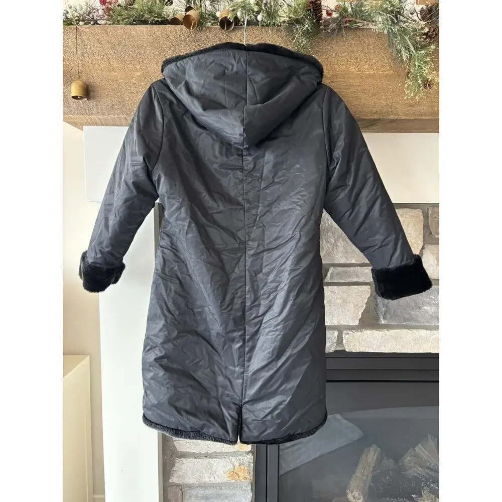 The Children's Place Jacket Girls L 10/12 Black Fur Nylon Hooded Reversible City